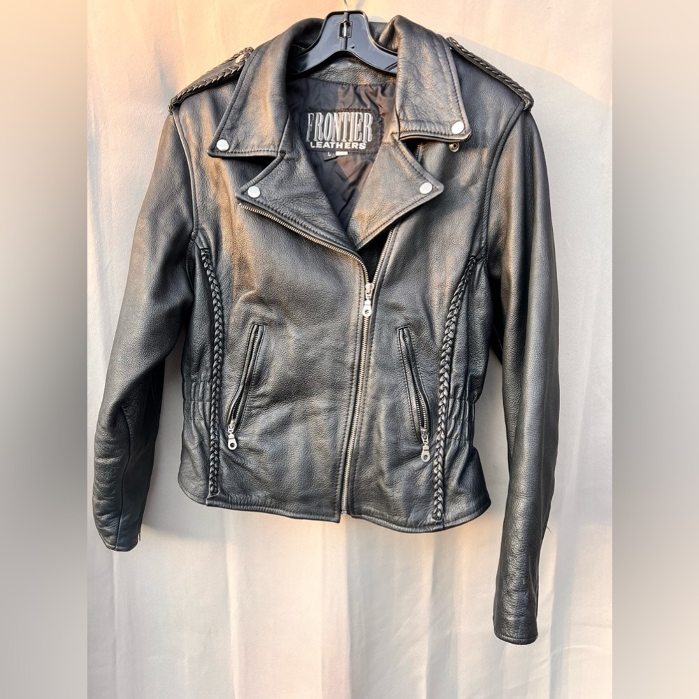 Vintage Frontier Leathers Black Leather Moto Jacket Braided L